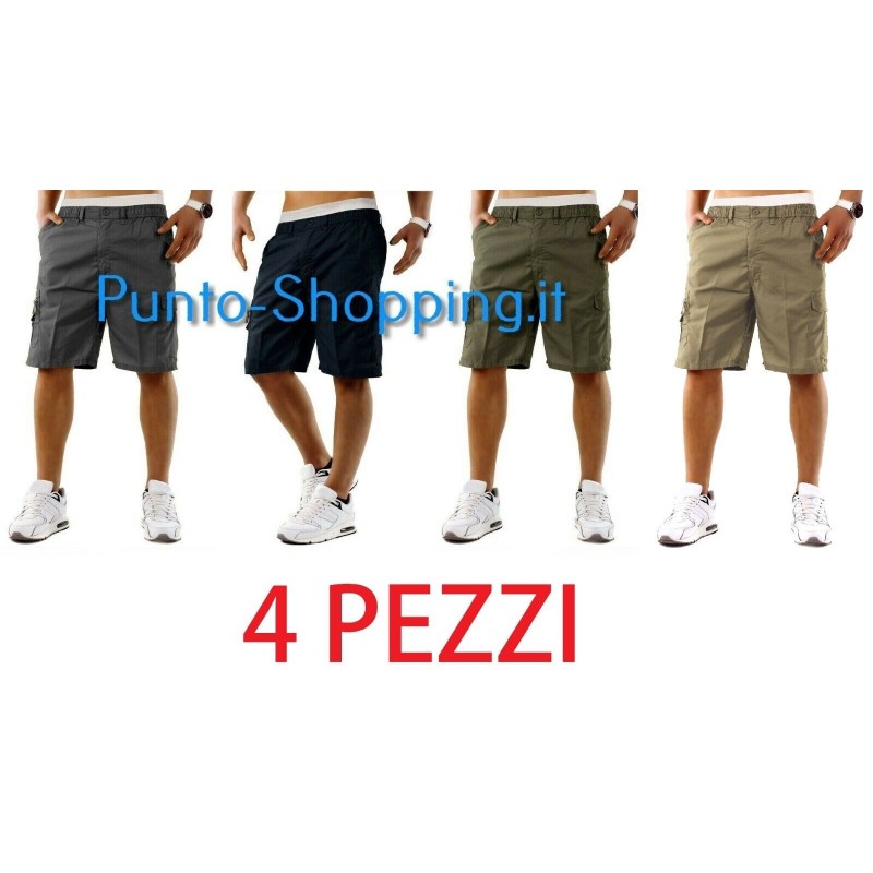 4 PEZZI BERMUDA UOMO SHORT COTONE CARGO PANTALONCINO CON TASCONI M L XL XXL 3XL